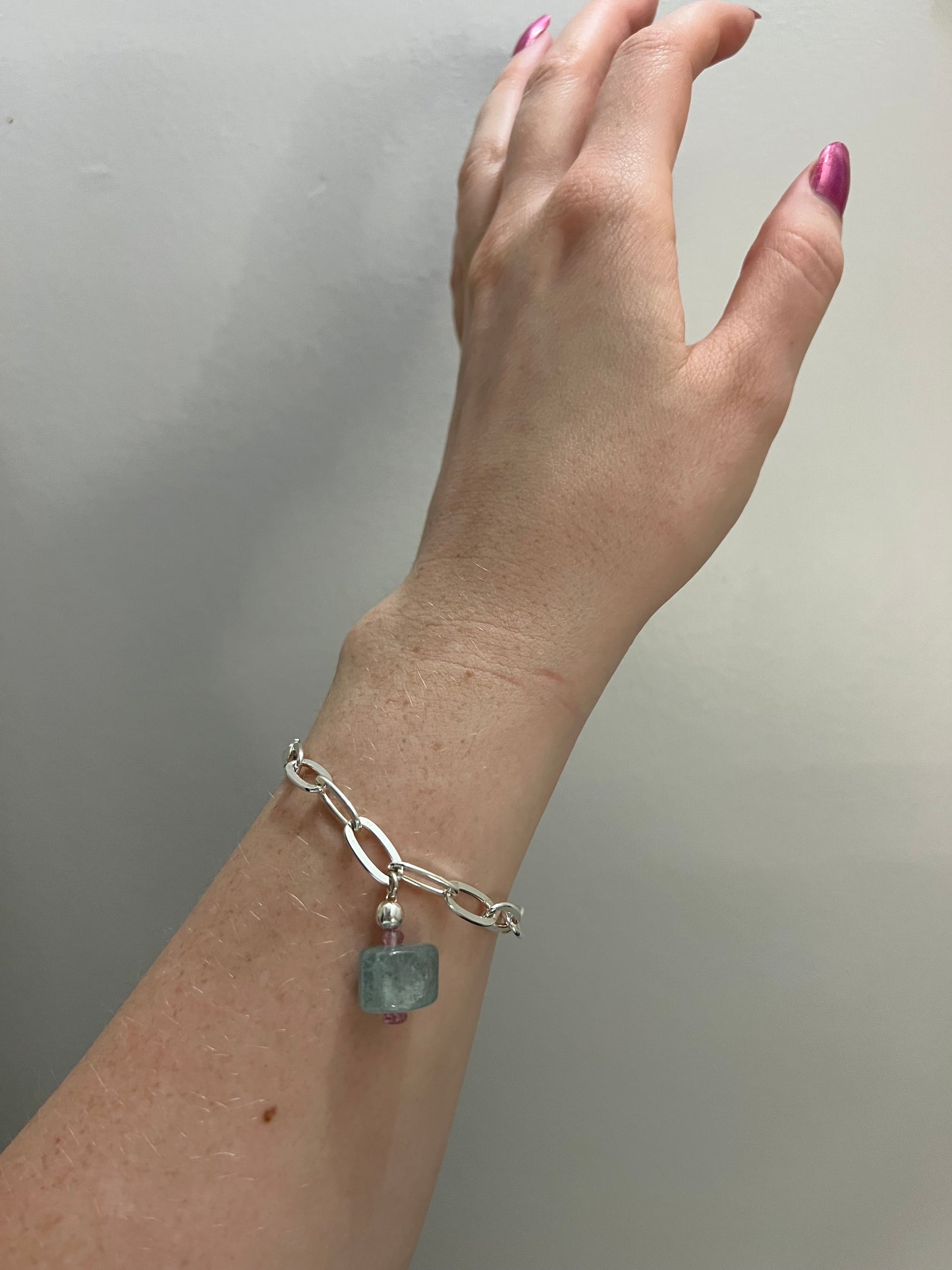 Sterling Silver Link Bracelet with Aquamarine and Pink Tourmaline