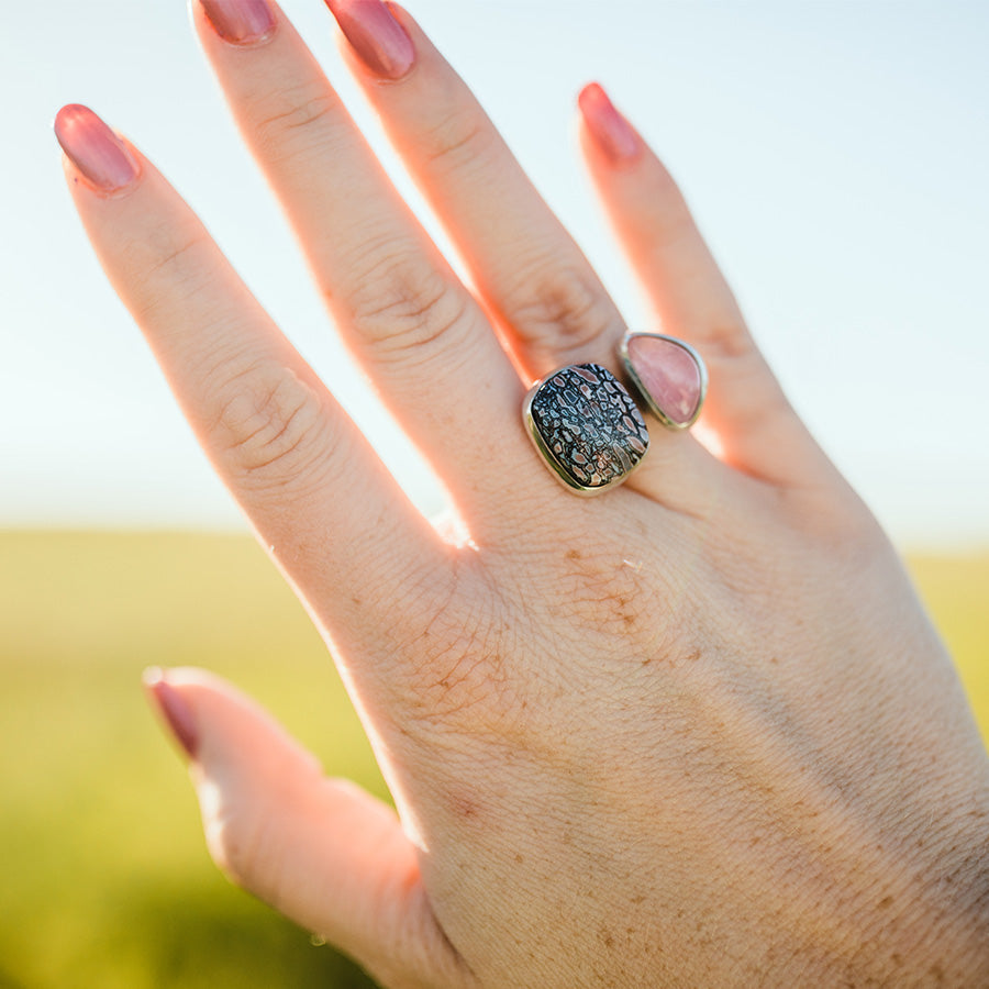 Fossilized Pink Dinosaur & Tourmaline Double Ring