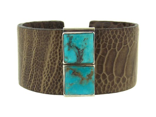 Brown Ostrich & Turquoise Cuff