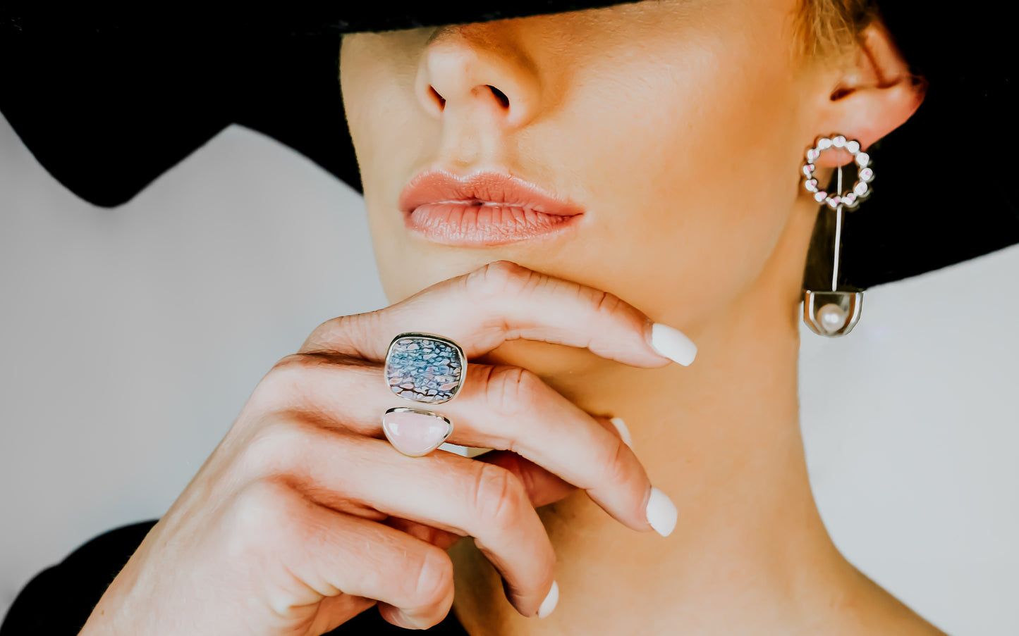 Fossilized Pink Dinosaur & Tourmaline Double Ring