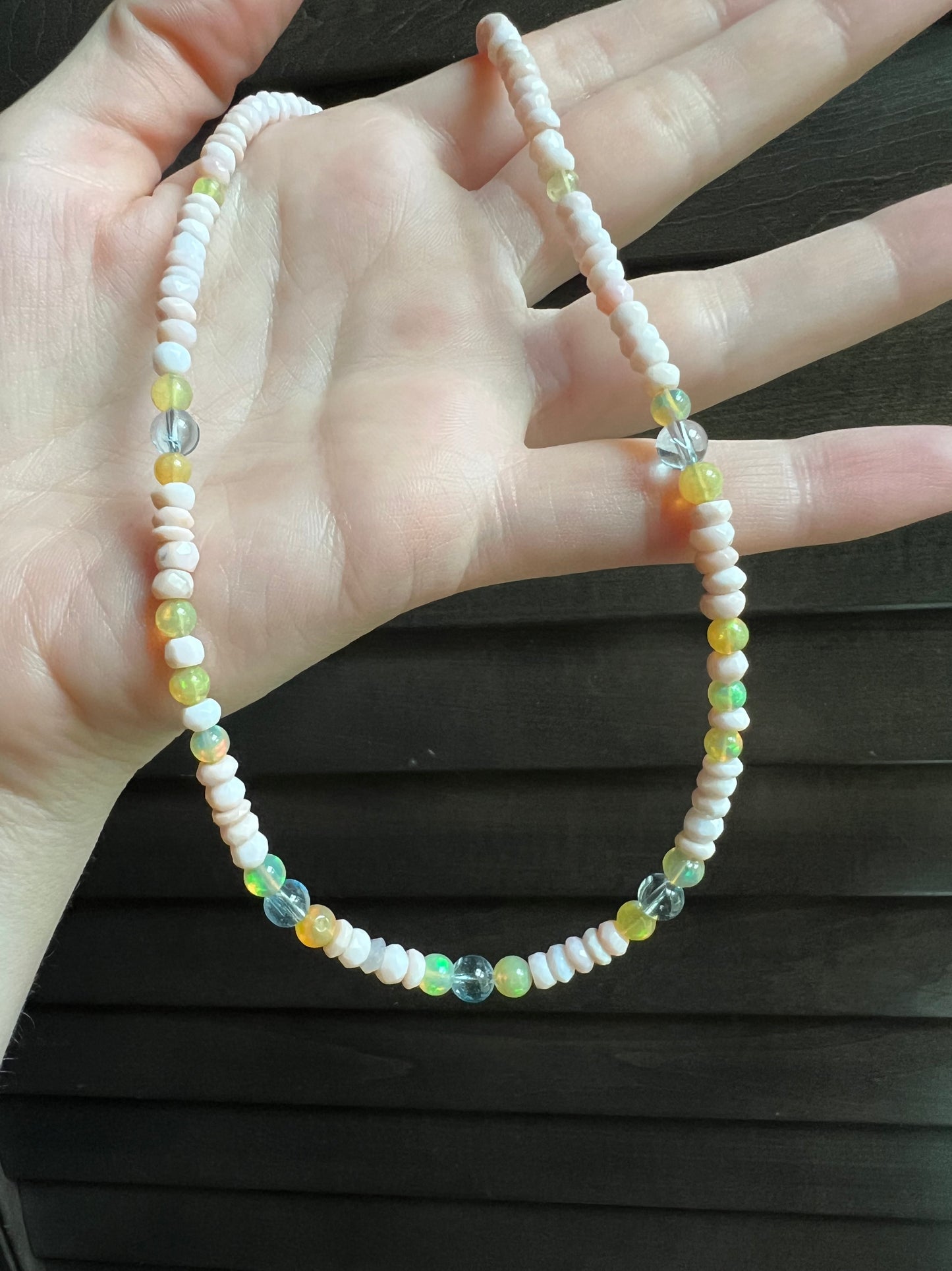Pink Opal, Opal, and Aquamarine Necklace