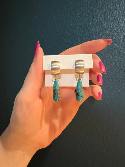 Turquoise and Wide Sterling Silver Hoops