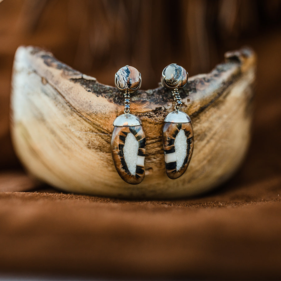 Starburst Fossilized Walrus Ivory Earrings with Black Diamonds